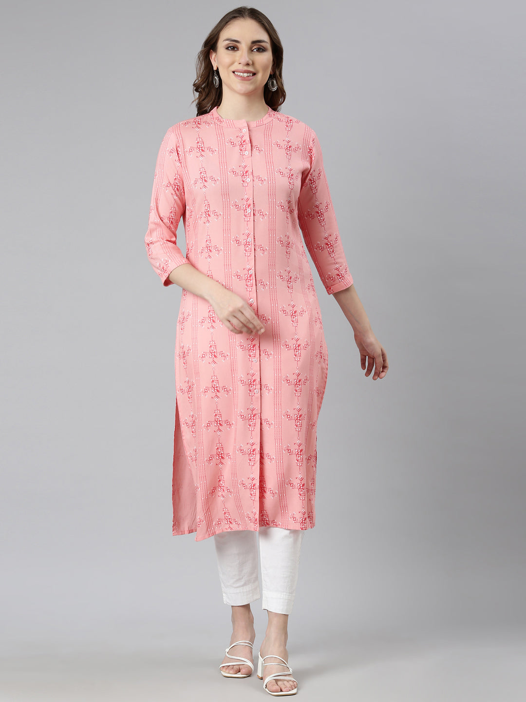 Neerus Orange rayon woven straight kurti - front view