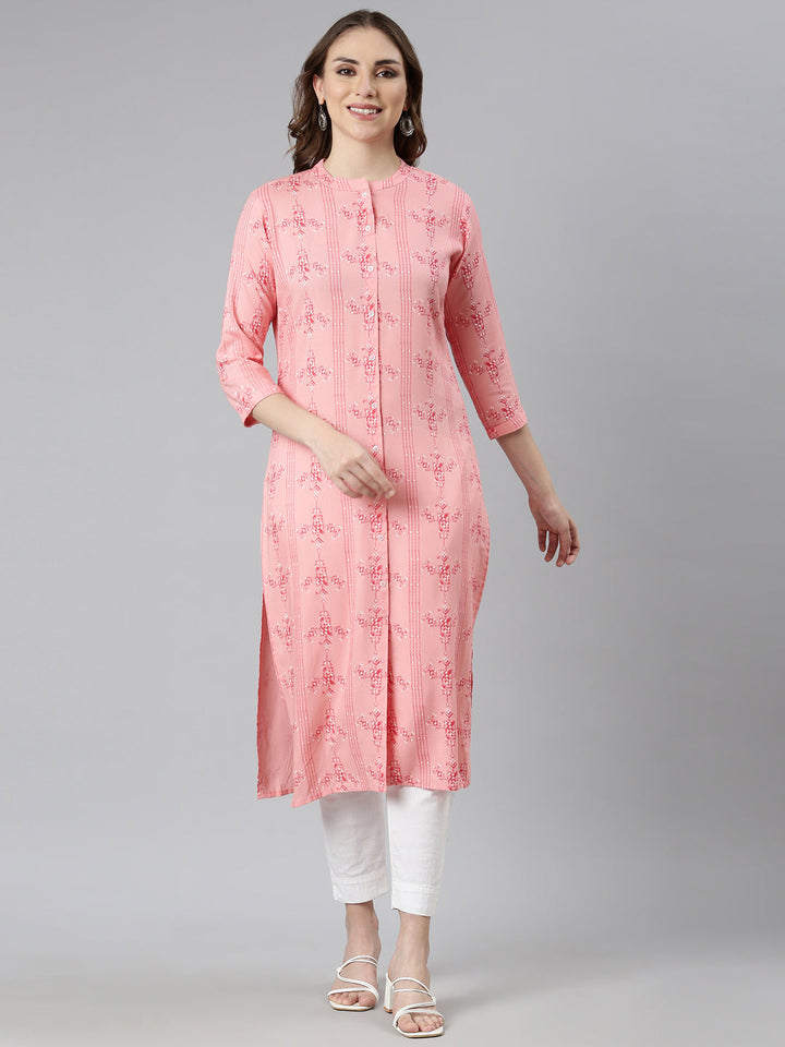Neerus Orange rayon woven straight kurti - front view