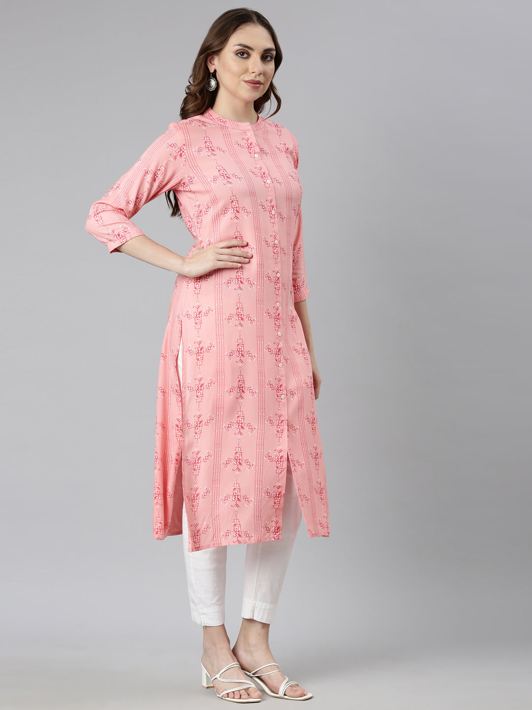 Neerus Orange rayon woven straight kurti - back view