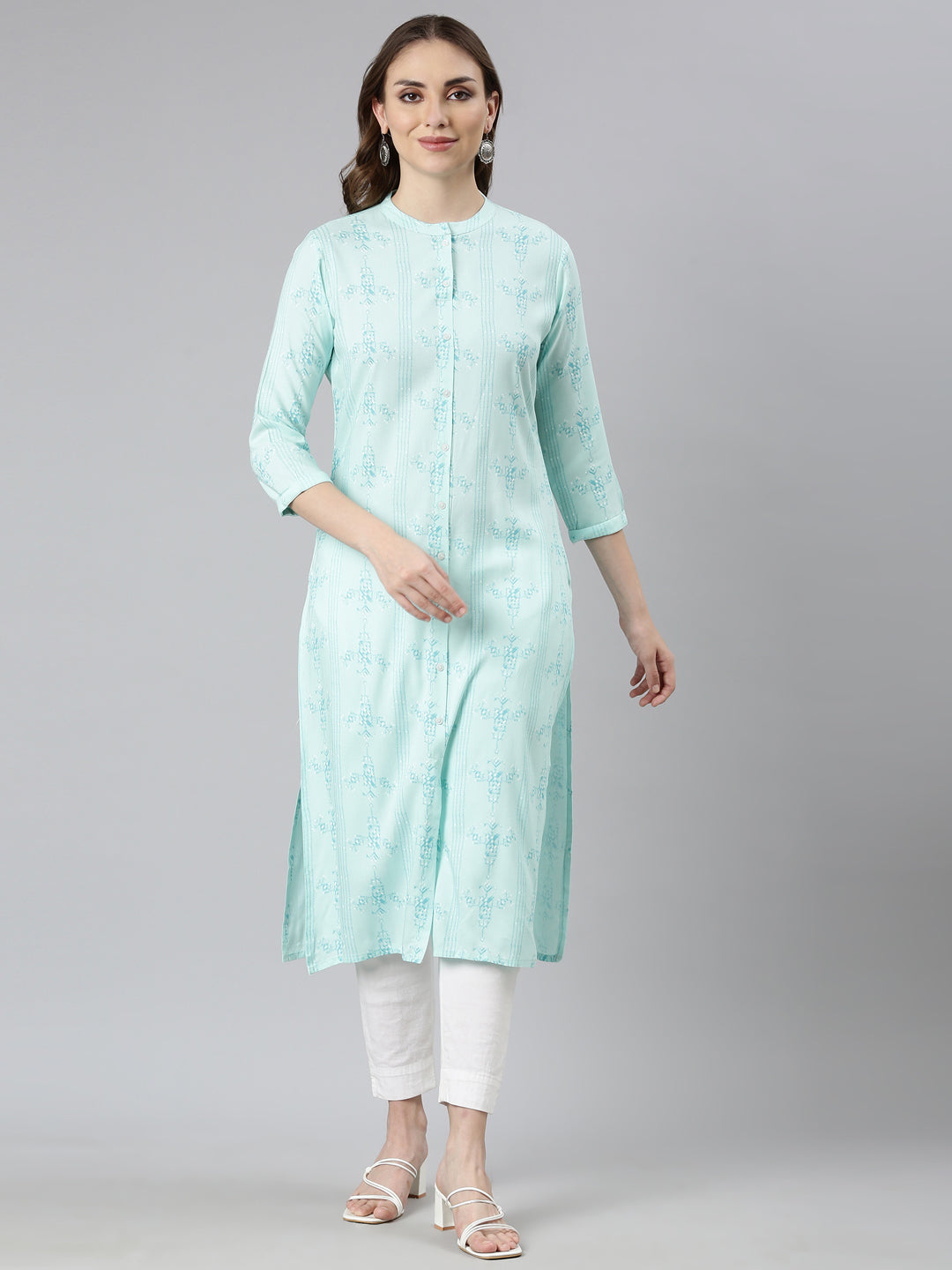 Neerus Green Rayon Woven Straight Kurti - front view