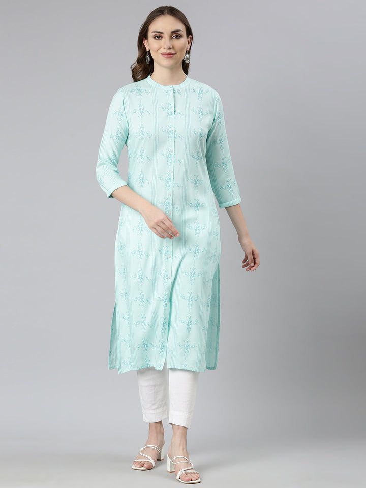 Neerus Green Rayon Woven Straight Kurti - front view