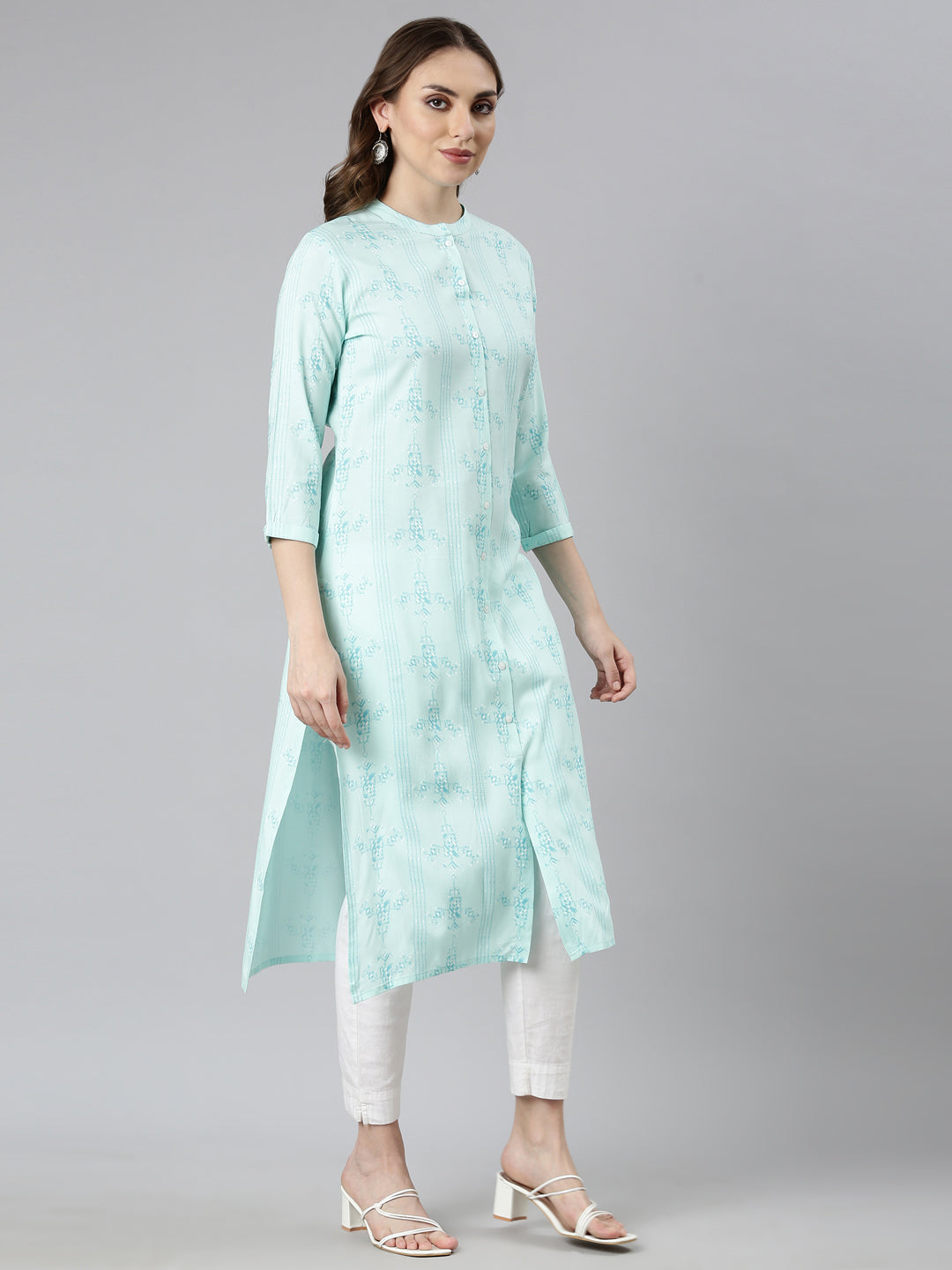 Neerus Green Rayon Woven Straight Kurti - back view