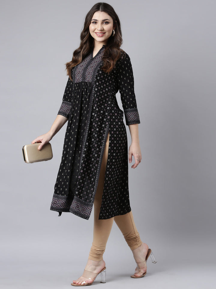 Neerus Black jacquard woven straight kurti - detail view 2