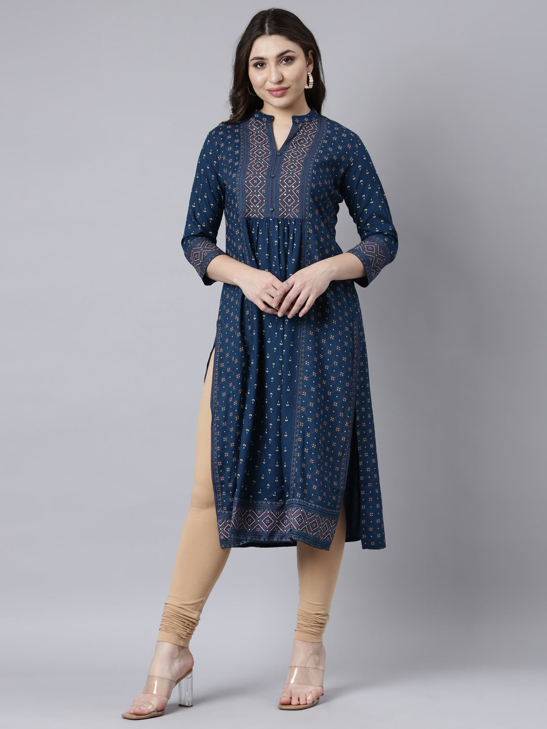 Neerus Blue Jacquard woven straight kurti - front view