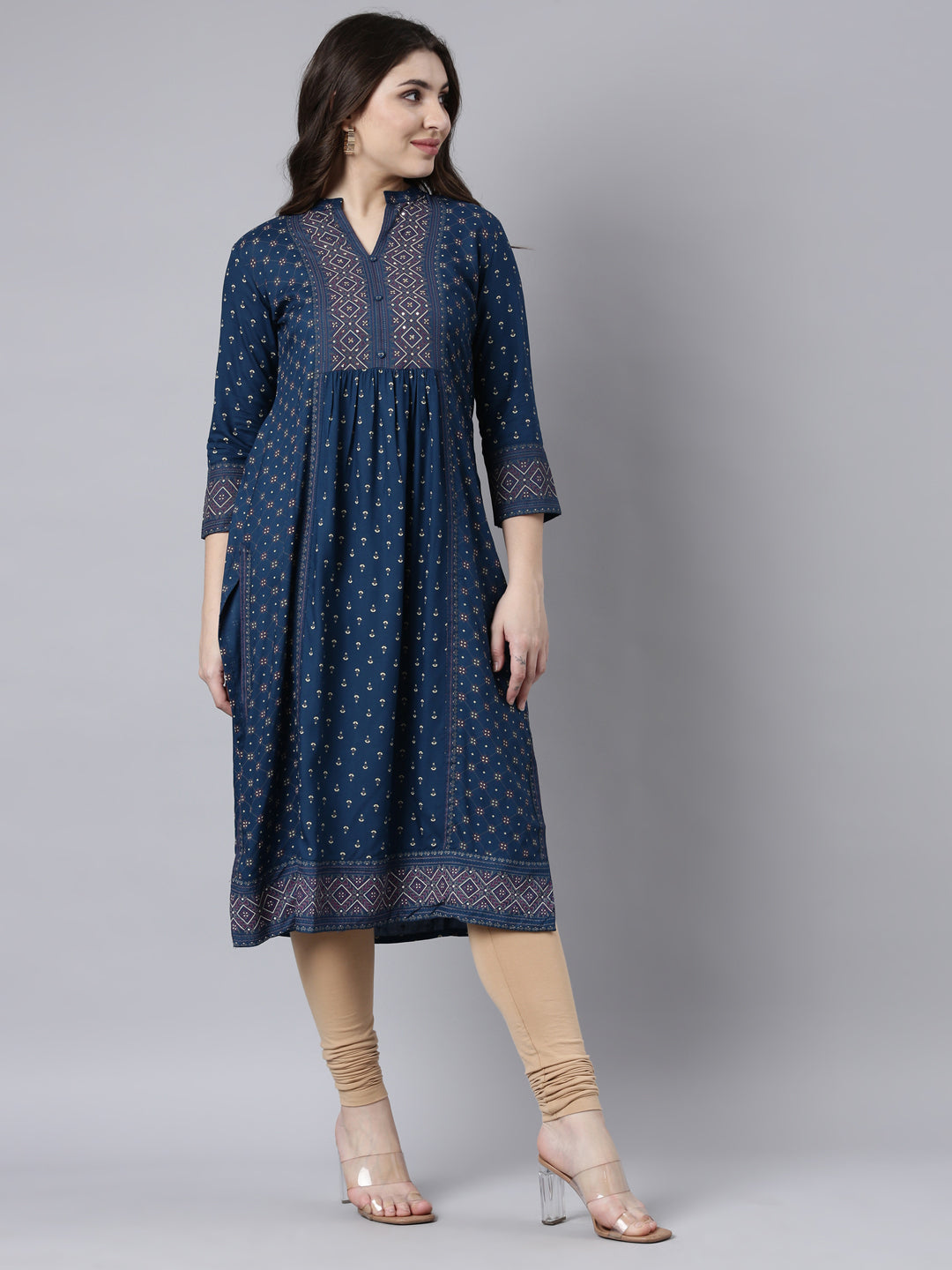 Neerus Blue Jacquard woven straight kurti - back view