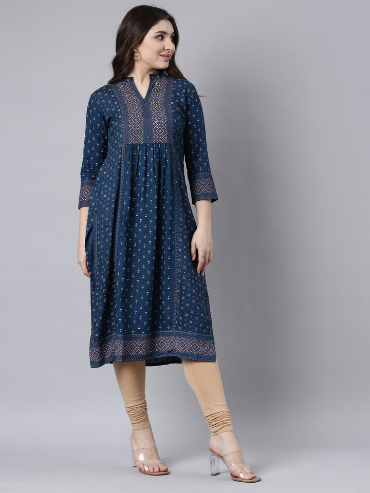 Neerus Blue Jacquard woven straight kurti - back view