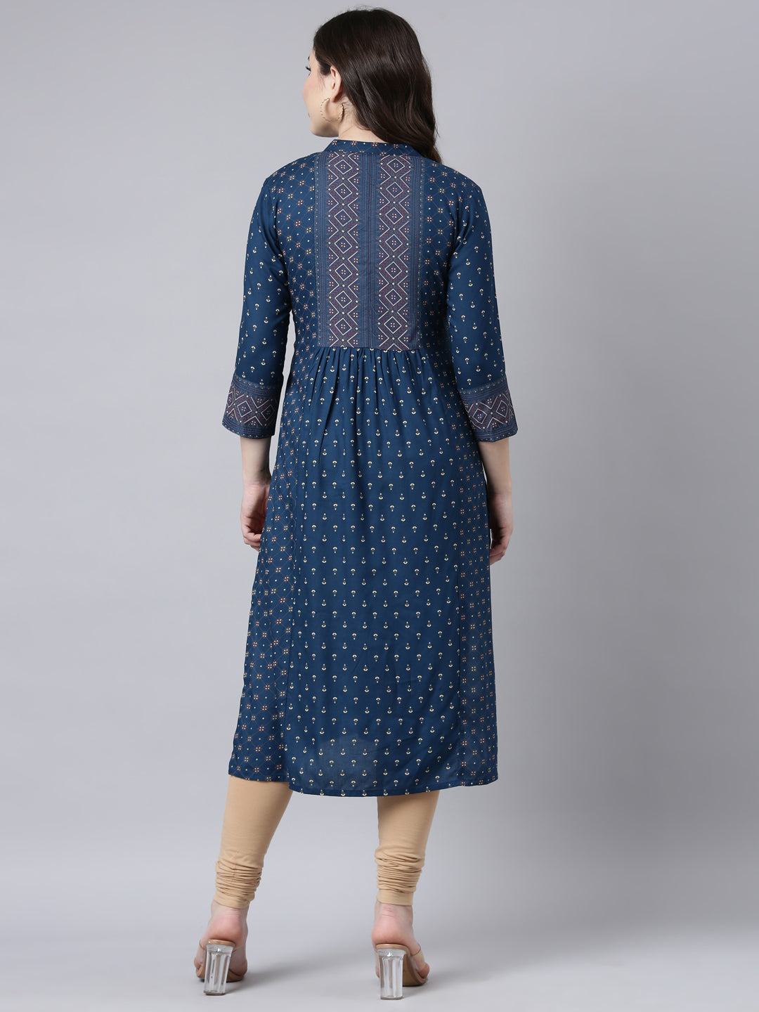 Neerus Blue Jacquard woven straight kurti - side view