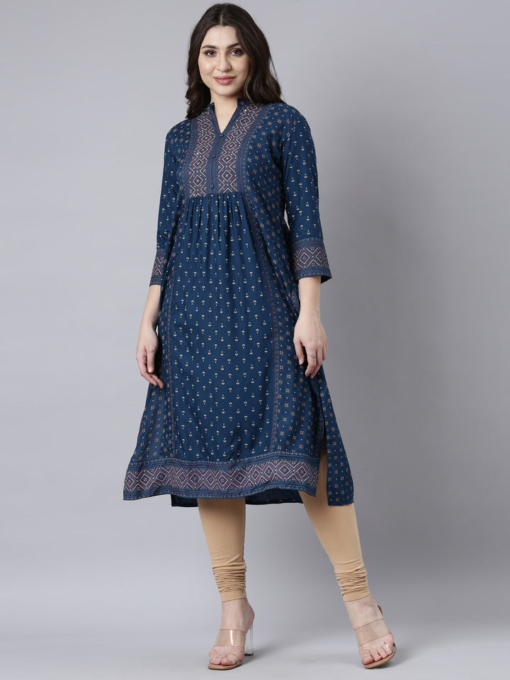 Neerus Blue Jacquard woven straight kurti - detail view 2
