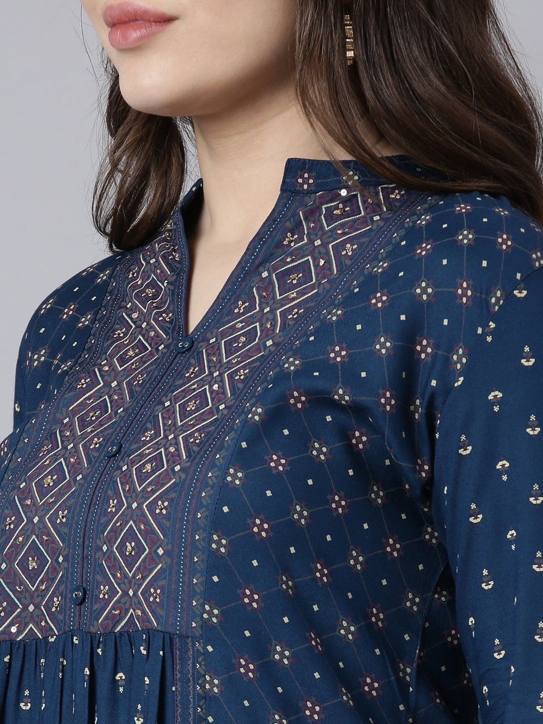 Neerus Blue Jacquard woven straight kurti - detail view 1