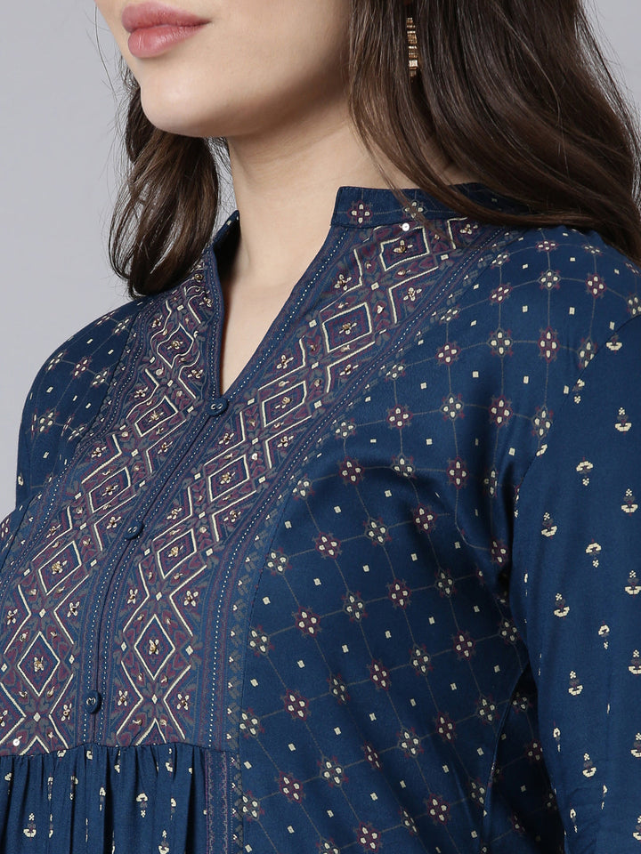 Neerus Blue Jacquard woven straight kurti - detail view 1
