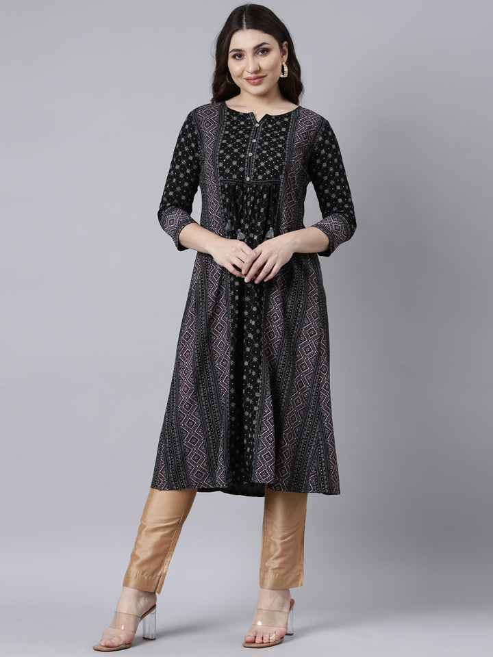 Neerus Black jacquard woven straight kurti - front view