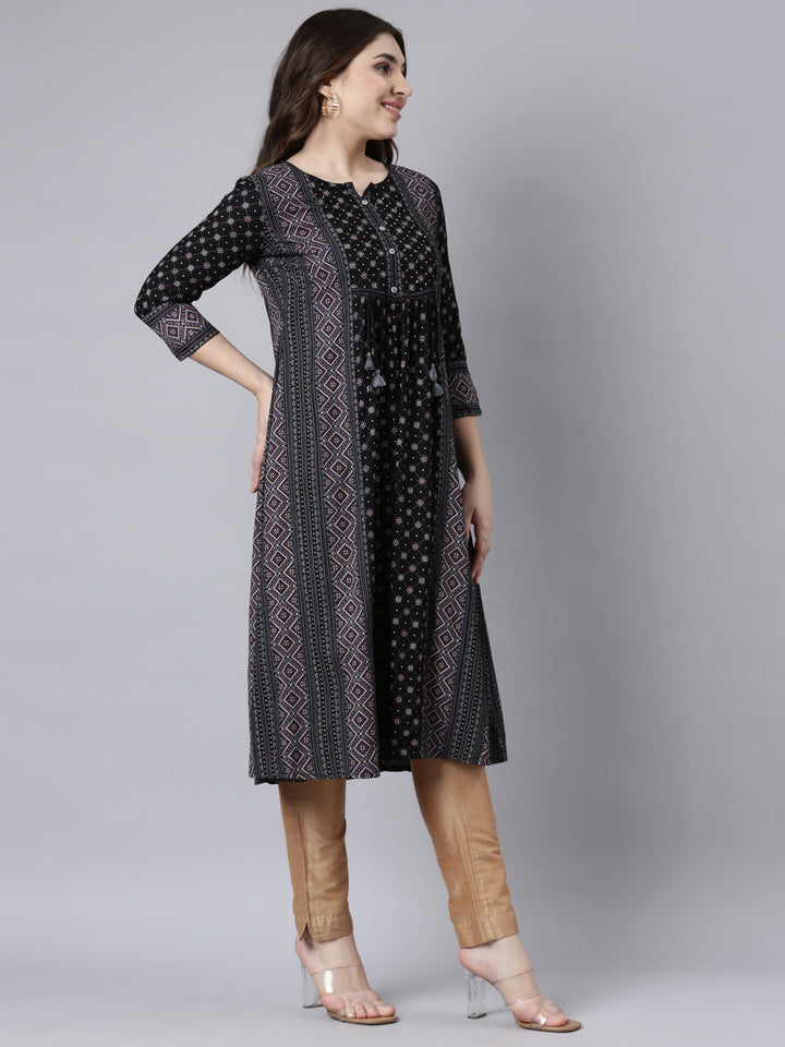 Neerus Black jacquard woven straight kurti - back view