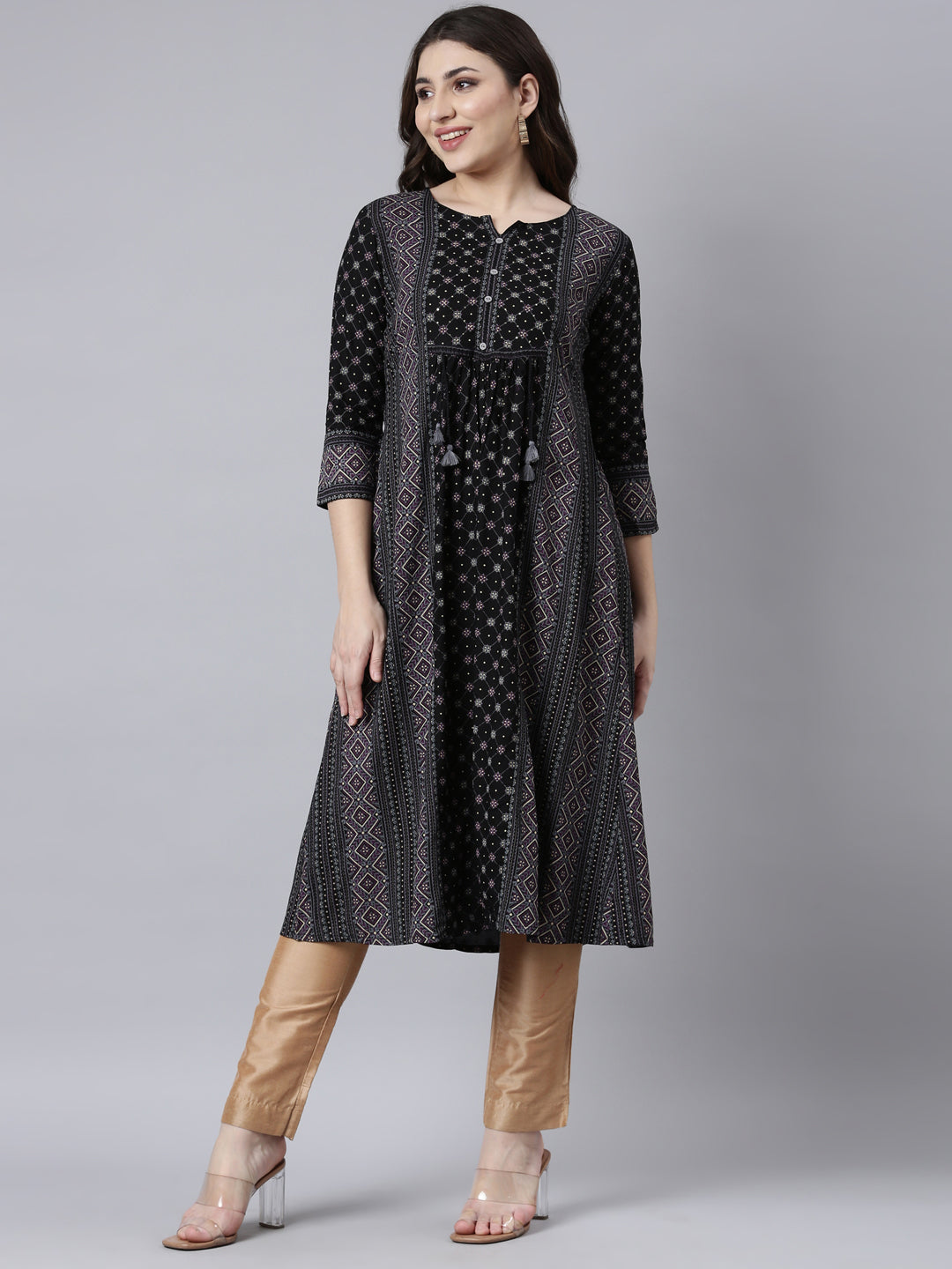 Neerus Black jacquard woven straight kurti - detail view 2