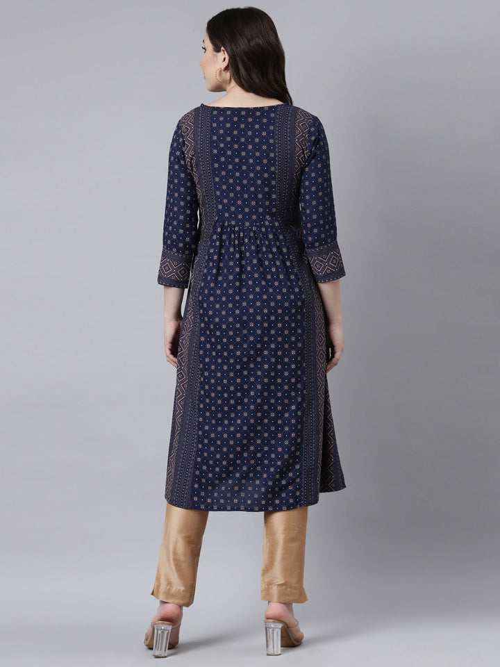 Neerus Blue jacquard woven straight kurti - side view