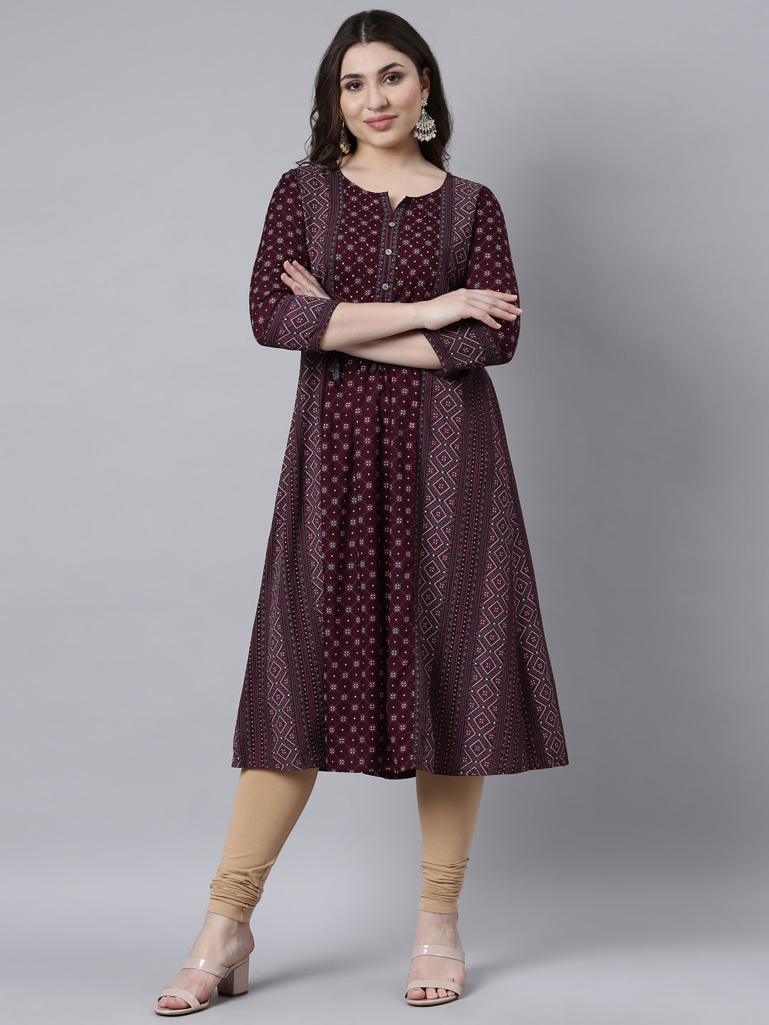 Neerus Purple jacquard woven straight kurti - front view