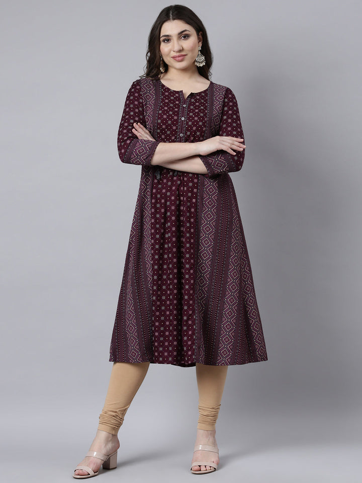 Neerus Purple jacquard woven straight kurti - front view