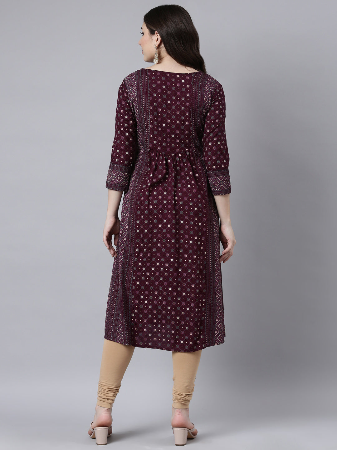 Neerus Purple jacquard woven straight kurti - side view