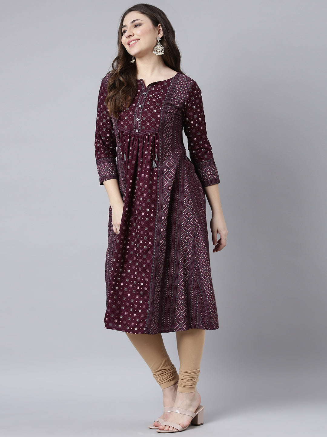 Neerus Purple jacquard woven straight kurti - detail view 2