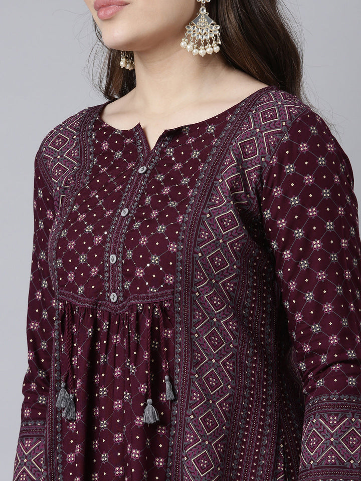 Neerus Purple jacquard woven straight kurti - detail view 1