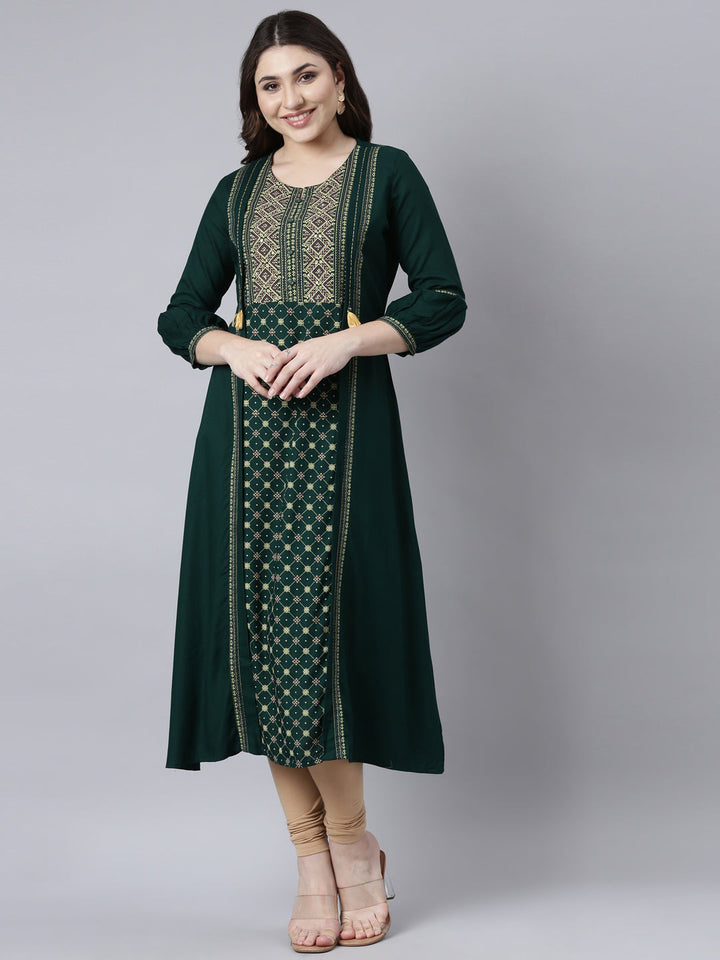 Neerus Green Jacquard Woven Kurti - front view