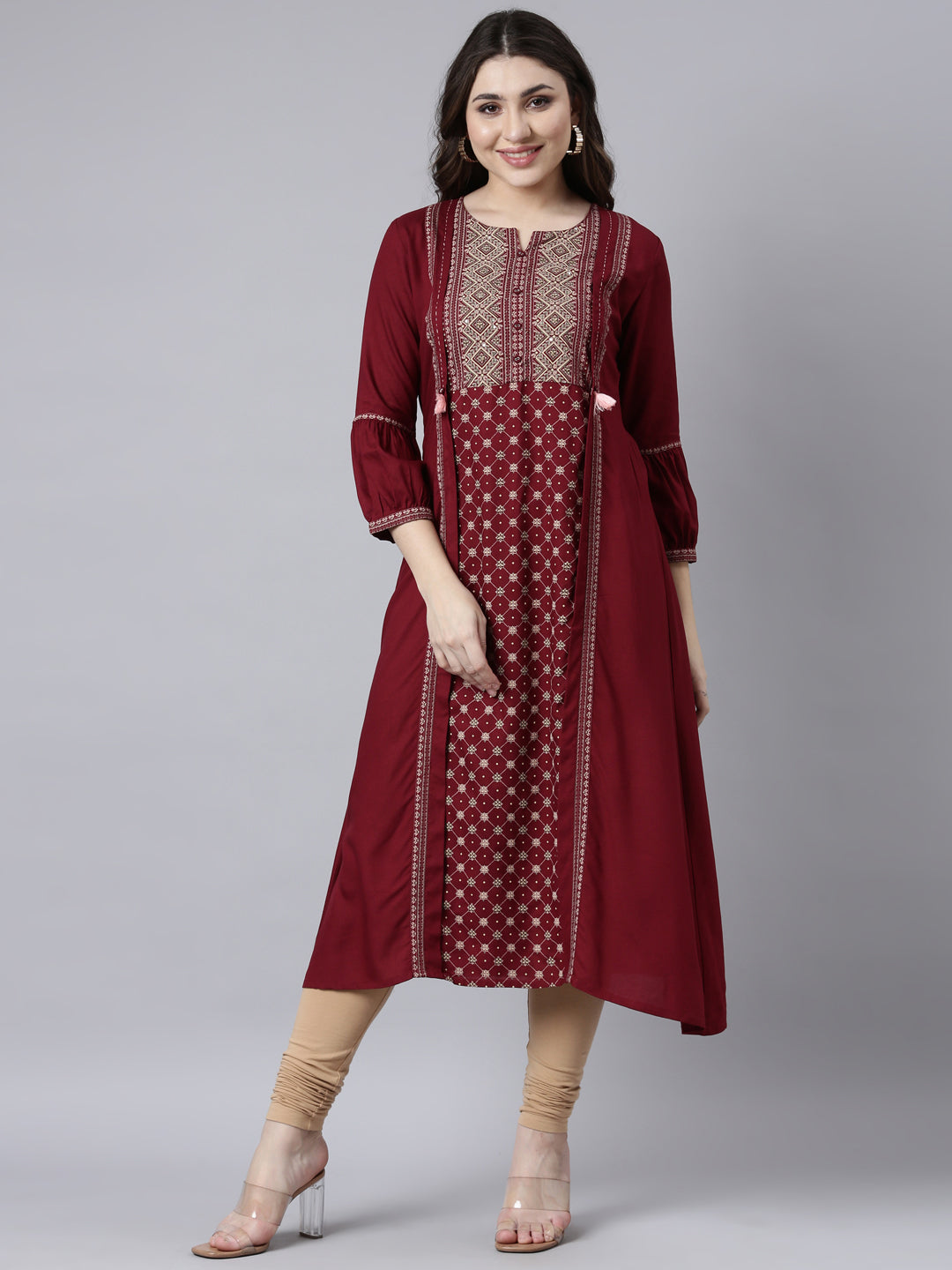 Neerus Maroon Rayon Woven Straight Kurti - front view