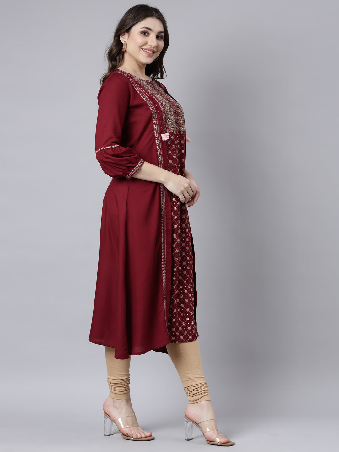 Neerus Maroon Rayon Woven Straight Kurti - back view