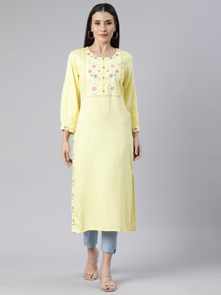Neerus Yellow cotton solid straight kurti - front view