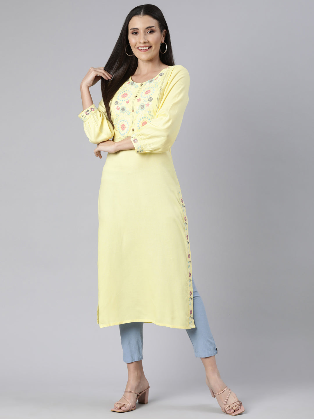 Neerus Yellow cotton solid straight kurti - detail view 1