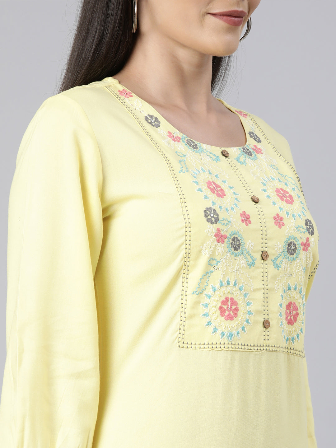 Neerus Yellow cotton solid straight kurti - detail view 2