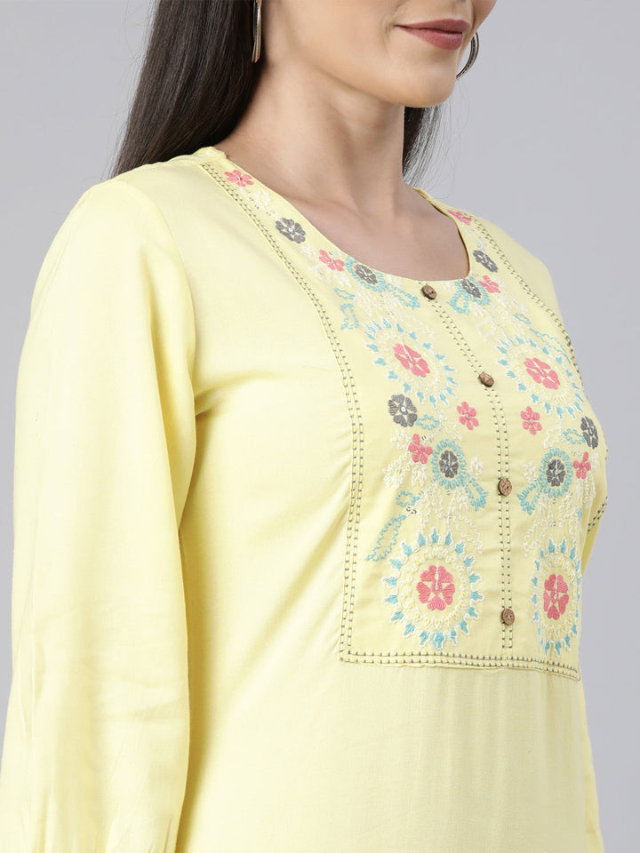 Neerus Yellow cotton solid straight kurti - detail view 2