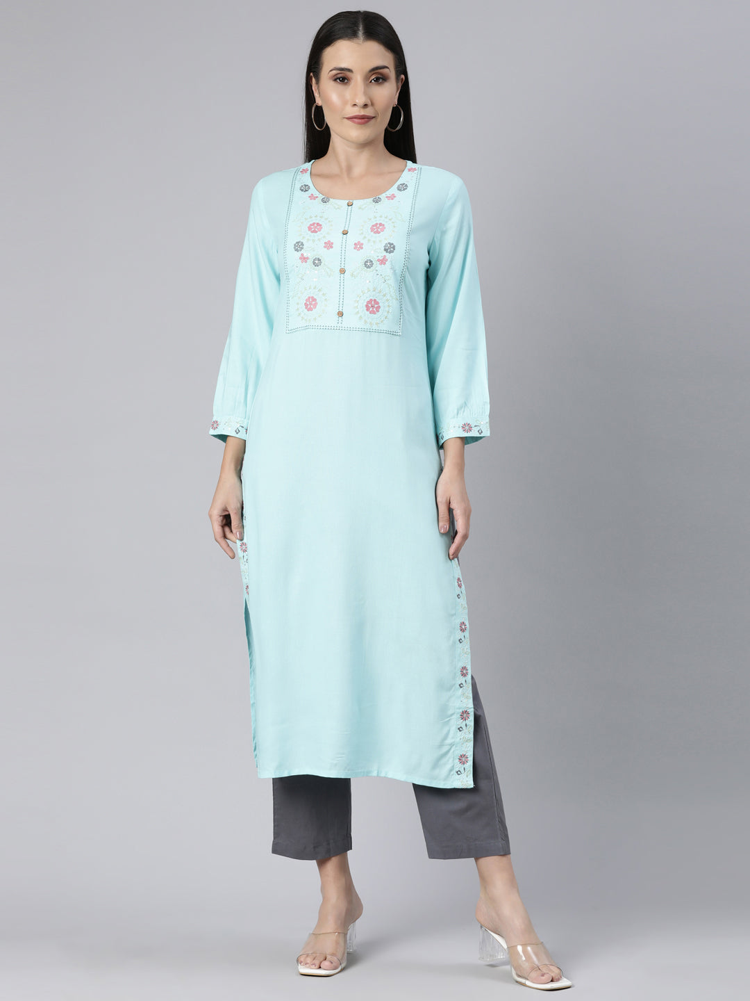 Neerus Blue cotton solid straight kurti - front view