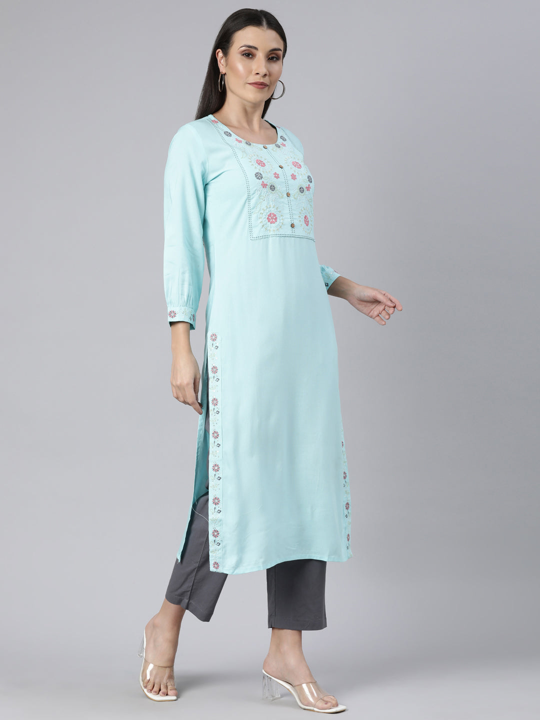 Neerus Blue cotton solid straight kurti - back view