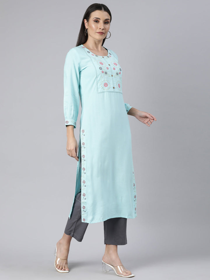 Neerus Blue cotton solid straight kurti - back view