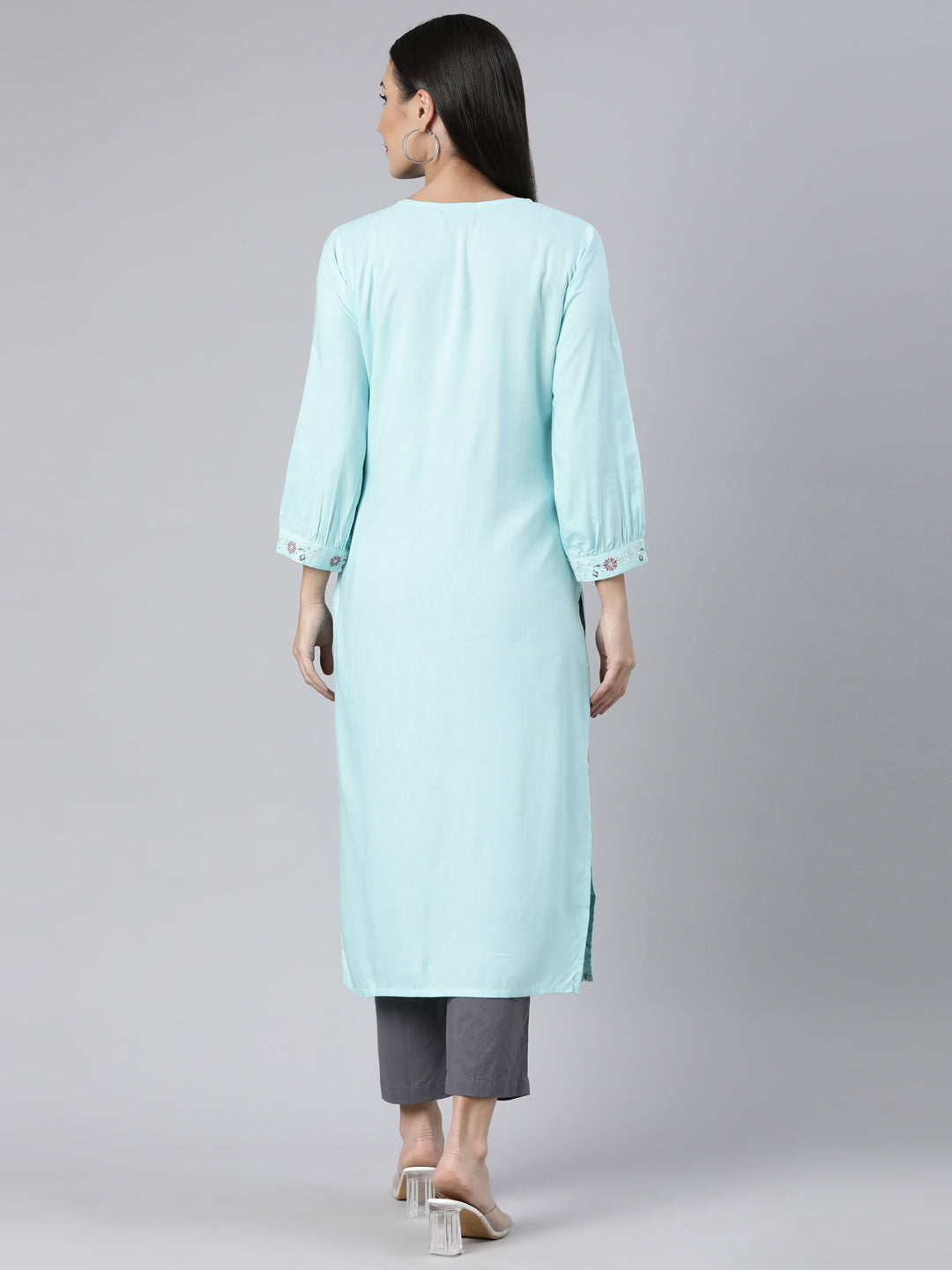 Neerus Blue cotton solid straight kurti - side view