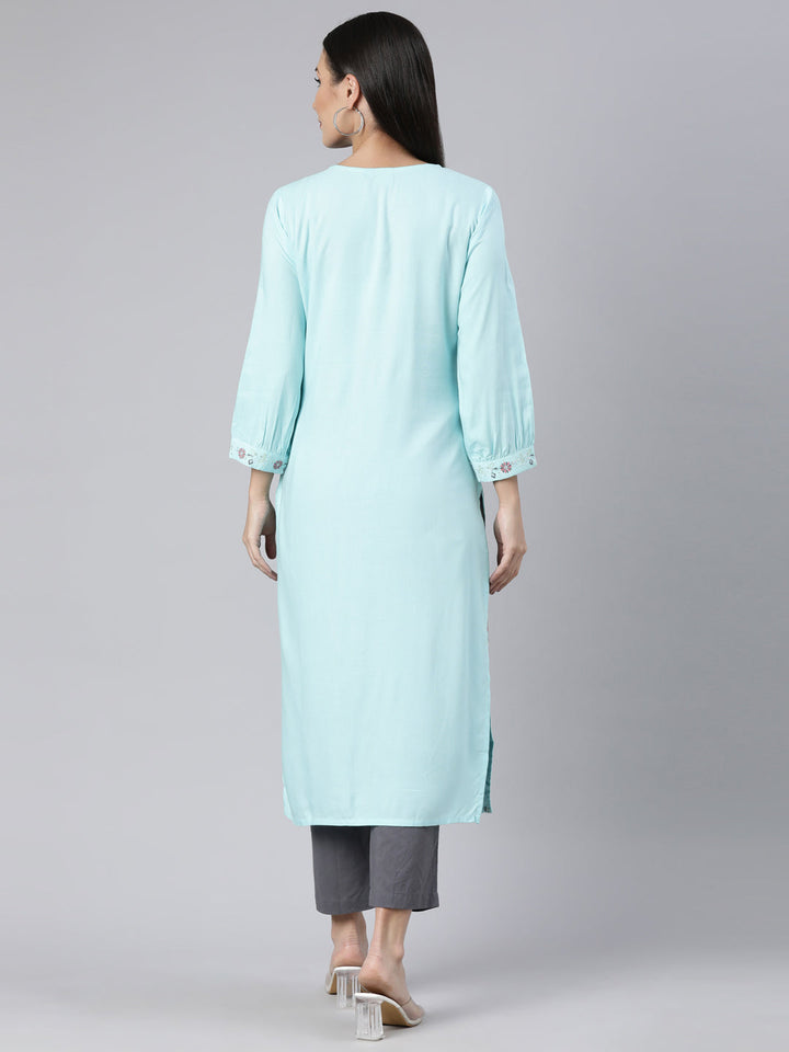 Neerus Blue cotton solid straight kurti - side view
