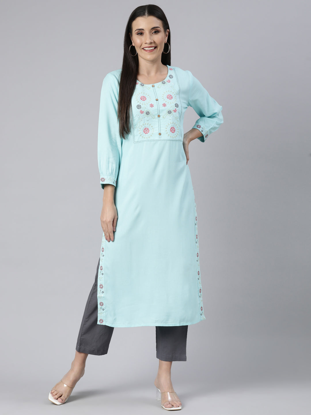 Neerus Blue cotton solid straight kurti - detail view 1