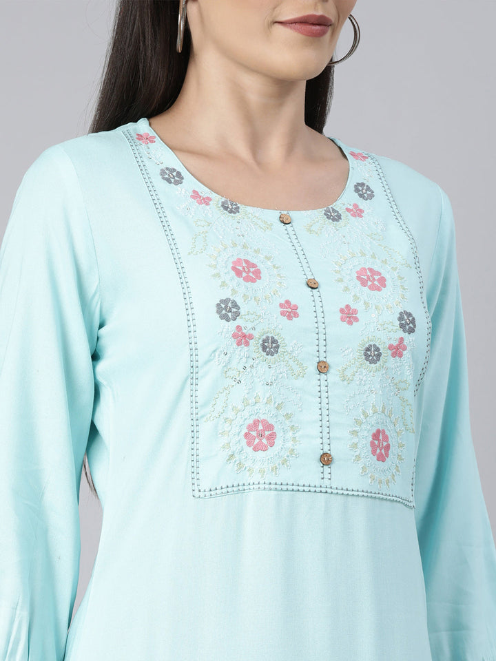 Neerus Blue cotton solid straight kurti - detail view 2