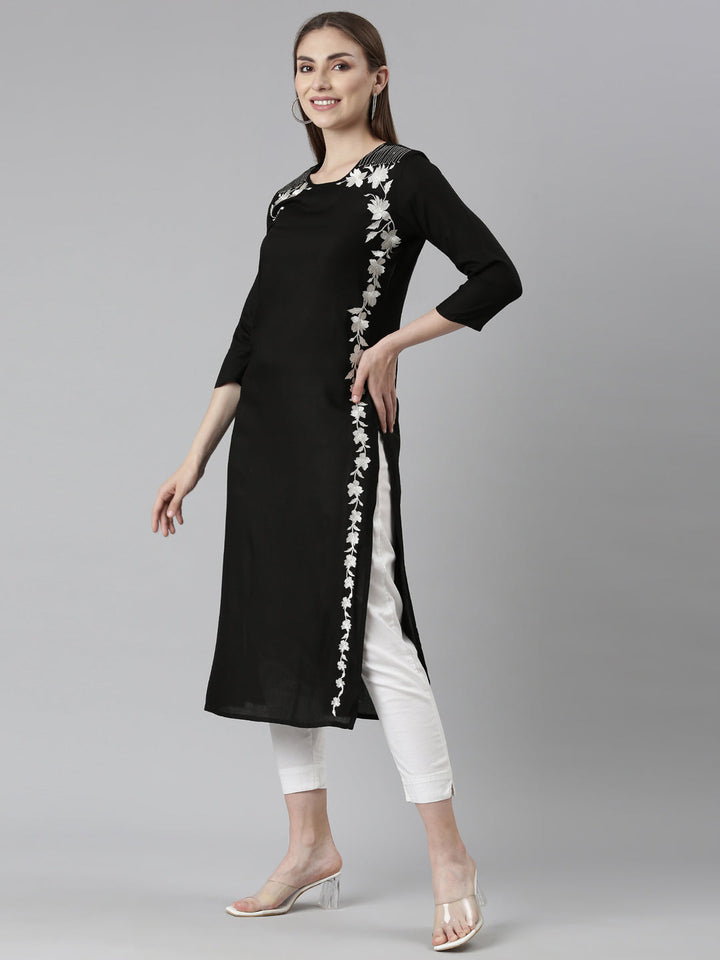 Neerus Black printed floral straight kurta - back view