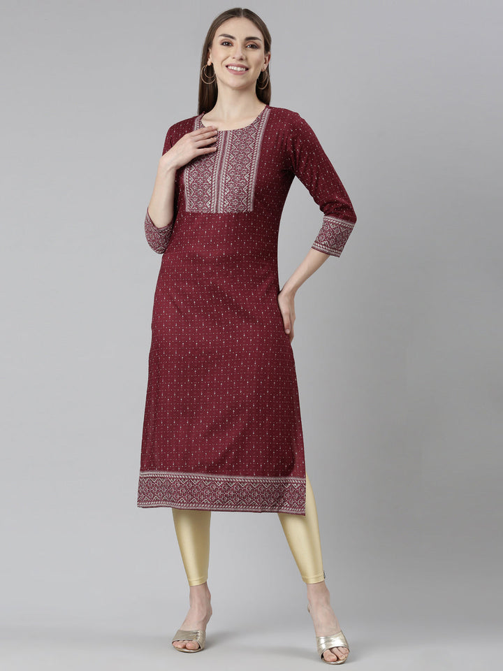 Neerus Maroon bandhani printed straight kurti - front view