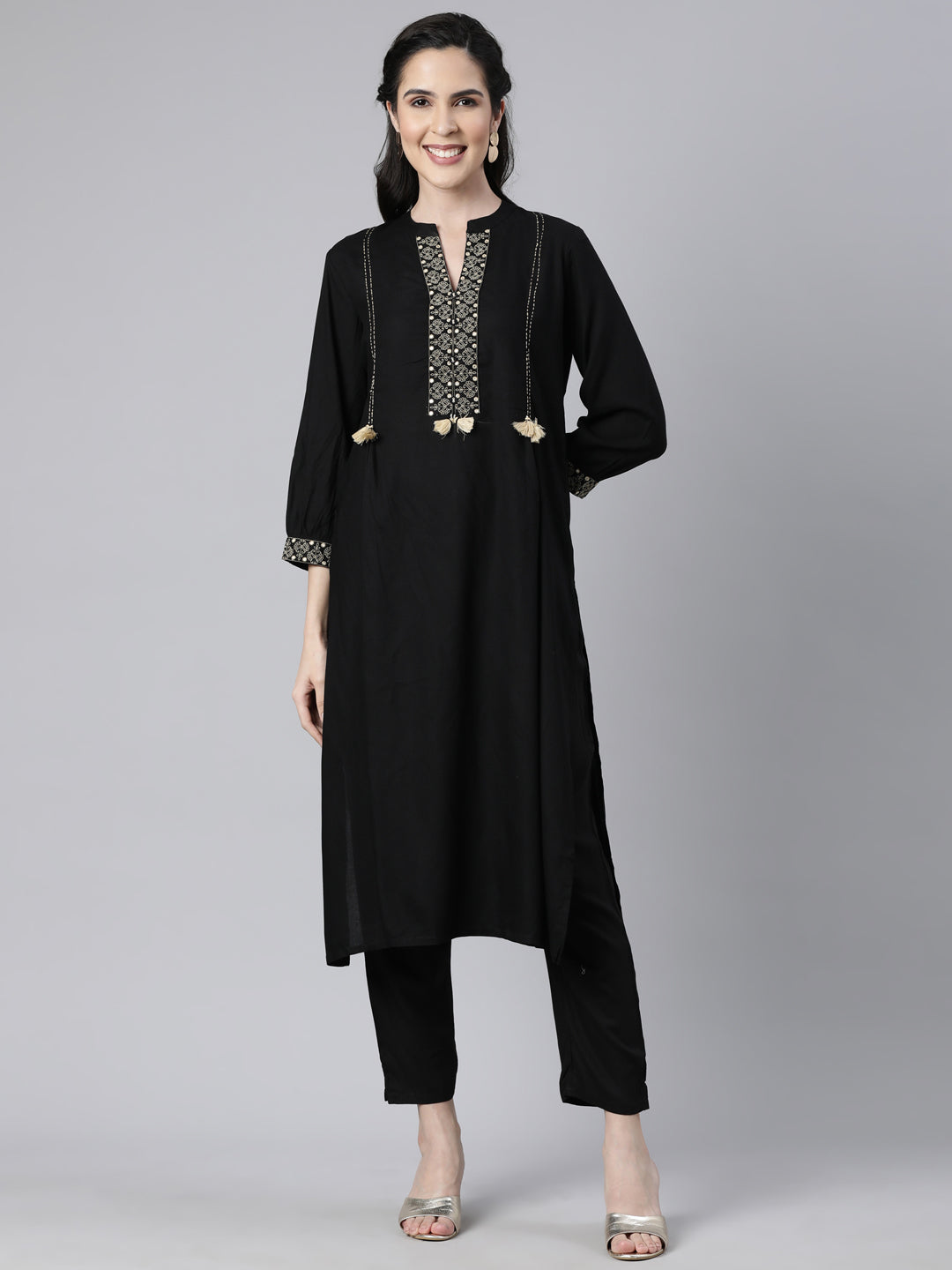 Neerus Black solid straight kurta set with trouser - front view