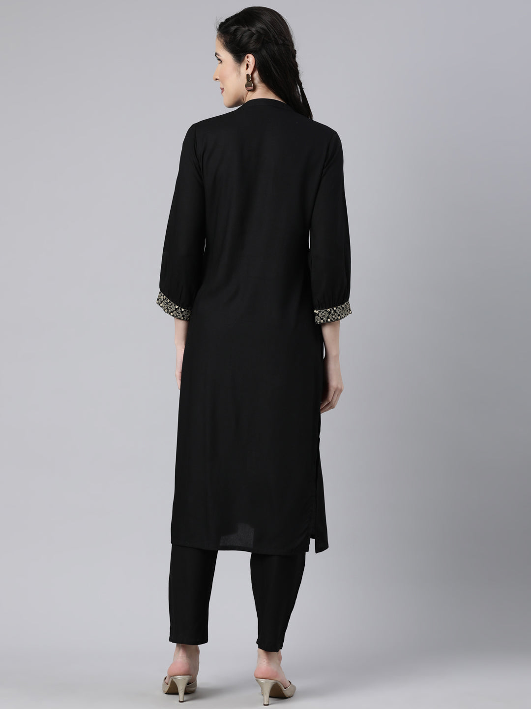 Neerus Black solid straight kurta set with trouser - side view