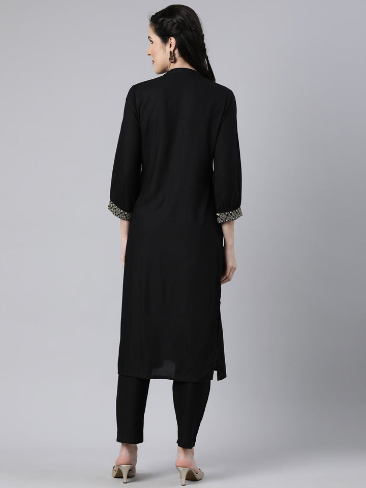 Neerus Black solid straight kurta set with trouser - side view