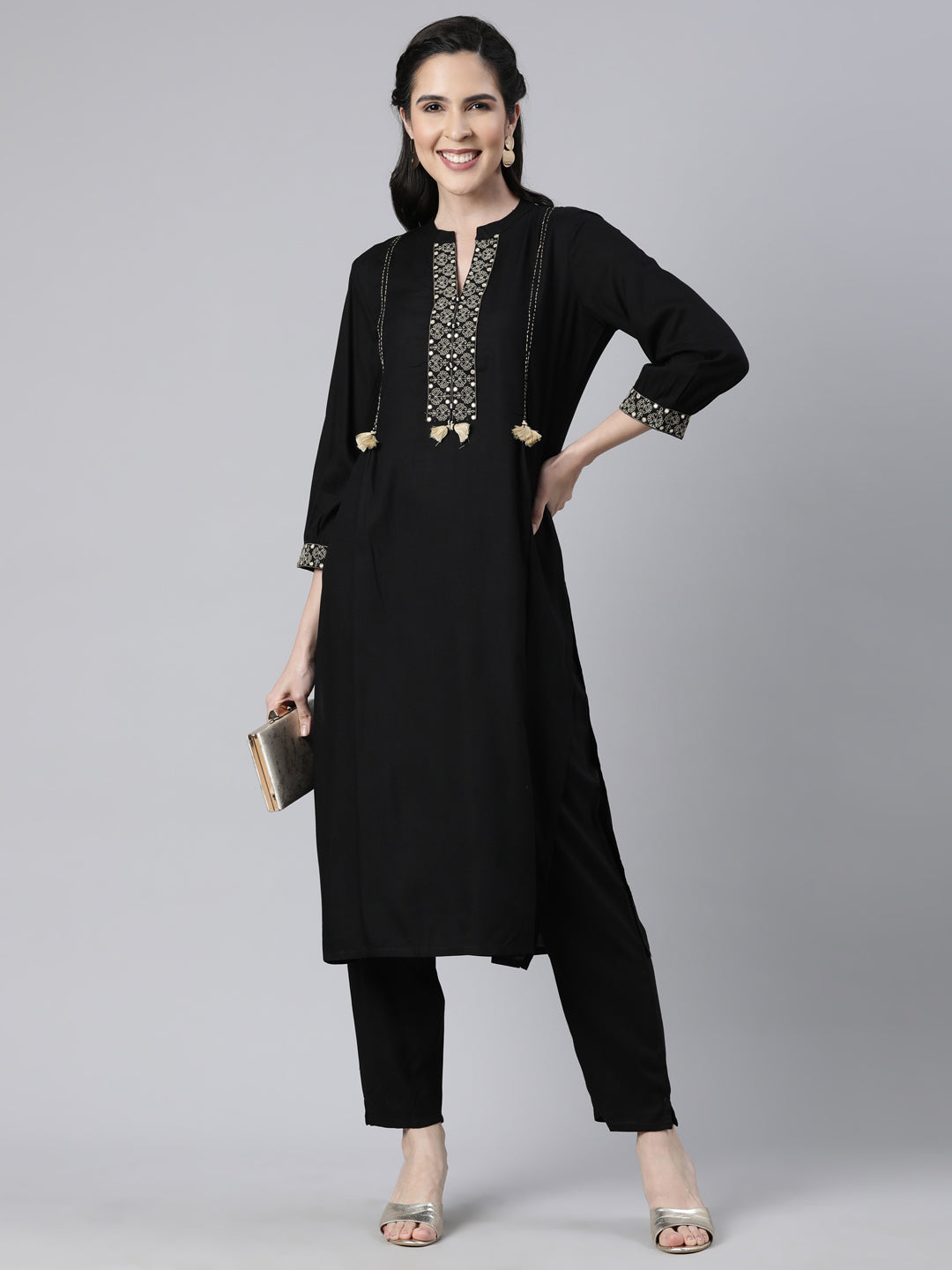 Neerus Black solid straight kurta set with trouser - detail view 2