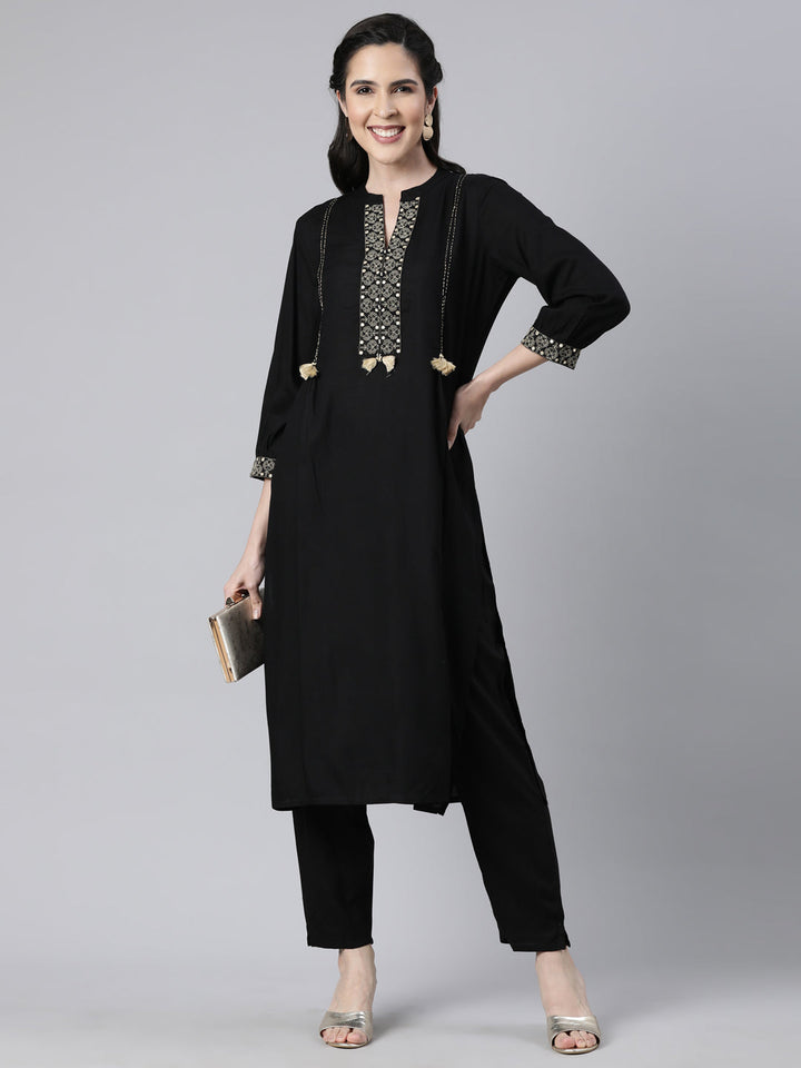 Neerus Black solid straight kurta set with trouser - detail view 2
