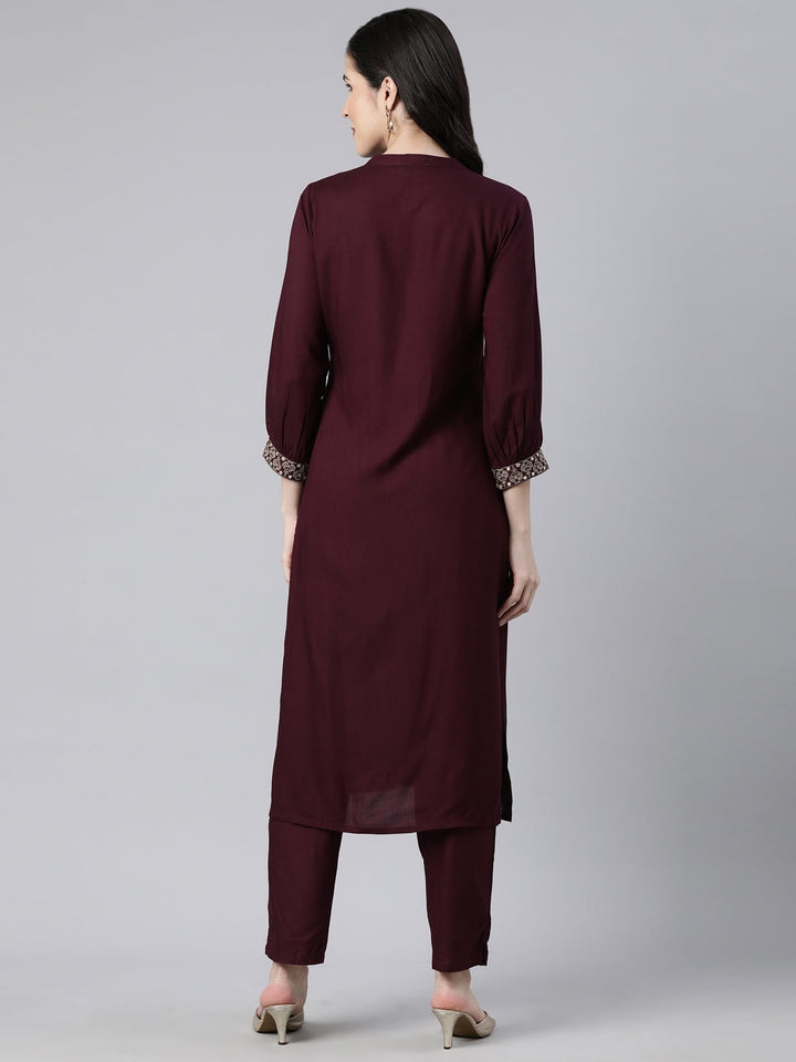 Neerus Purple solid straight kurta set - side view