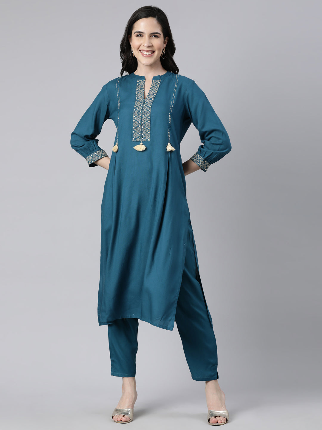Neerus Blue rayon solid straight kurta set - front view