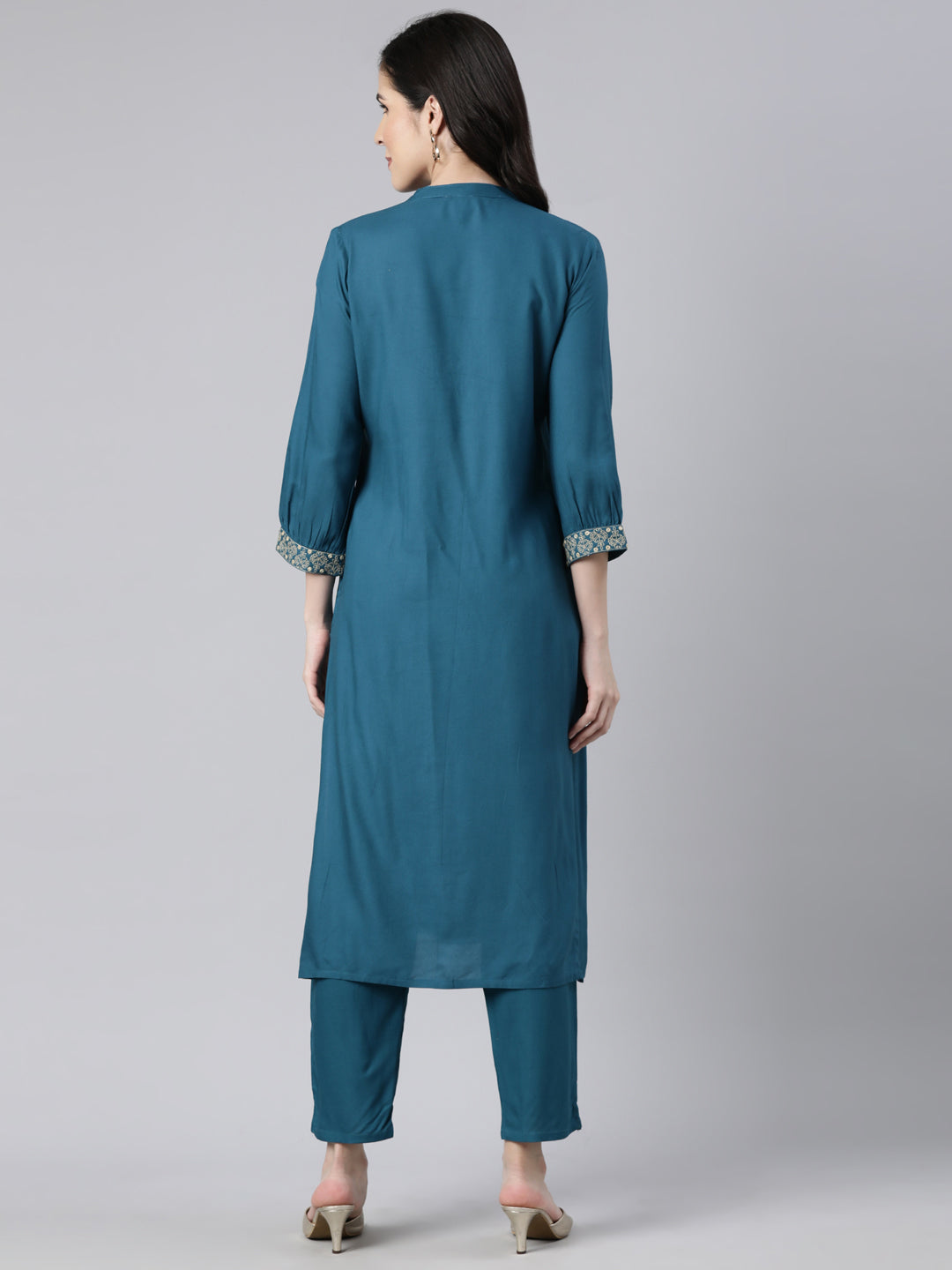 Neerus Blue rayon solid straight kurta set - side view