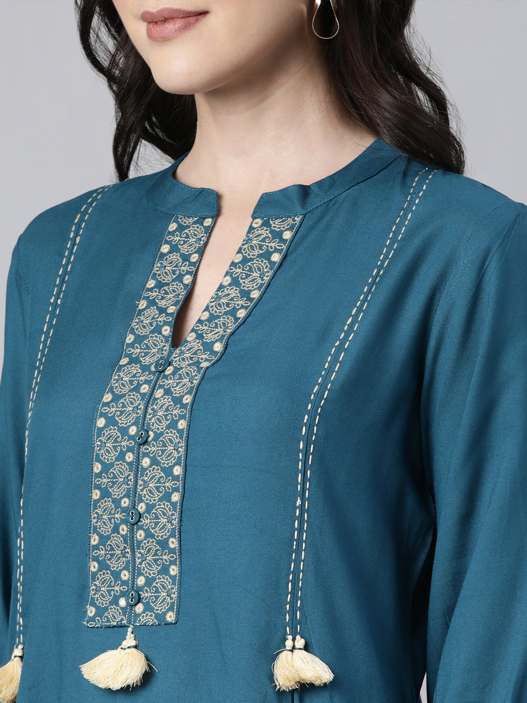 Neerus Blue rayon solid straight kurta set - detail view 1