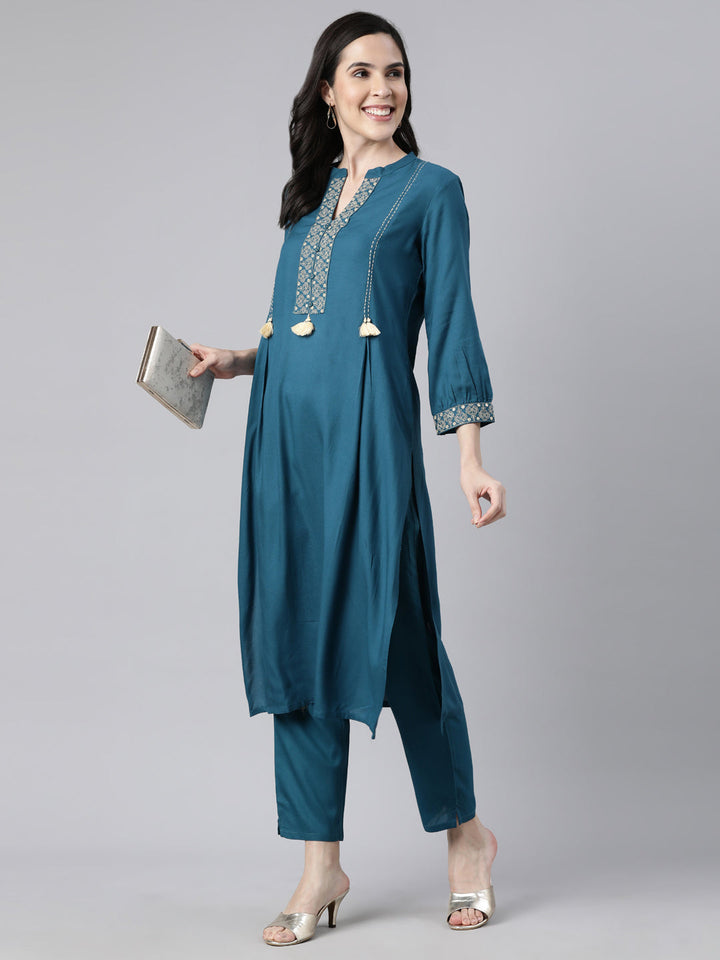 Neerus Blue rayon solid straight kurta set - detail view 2