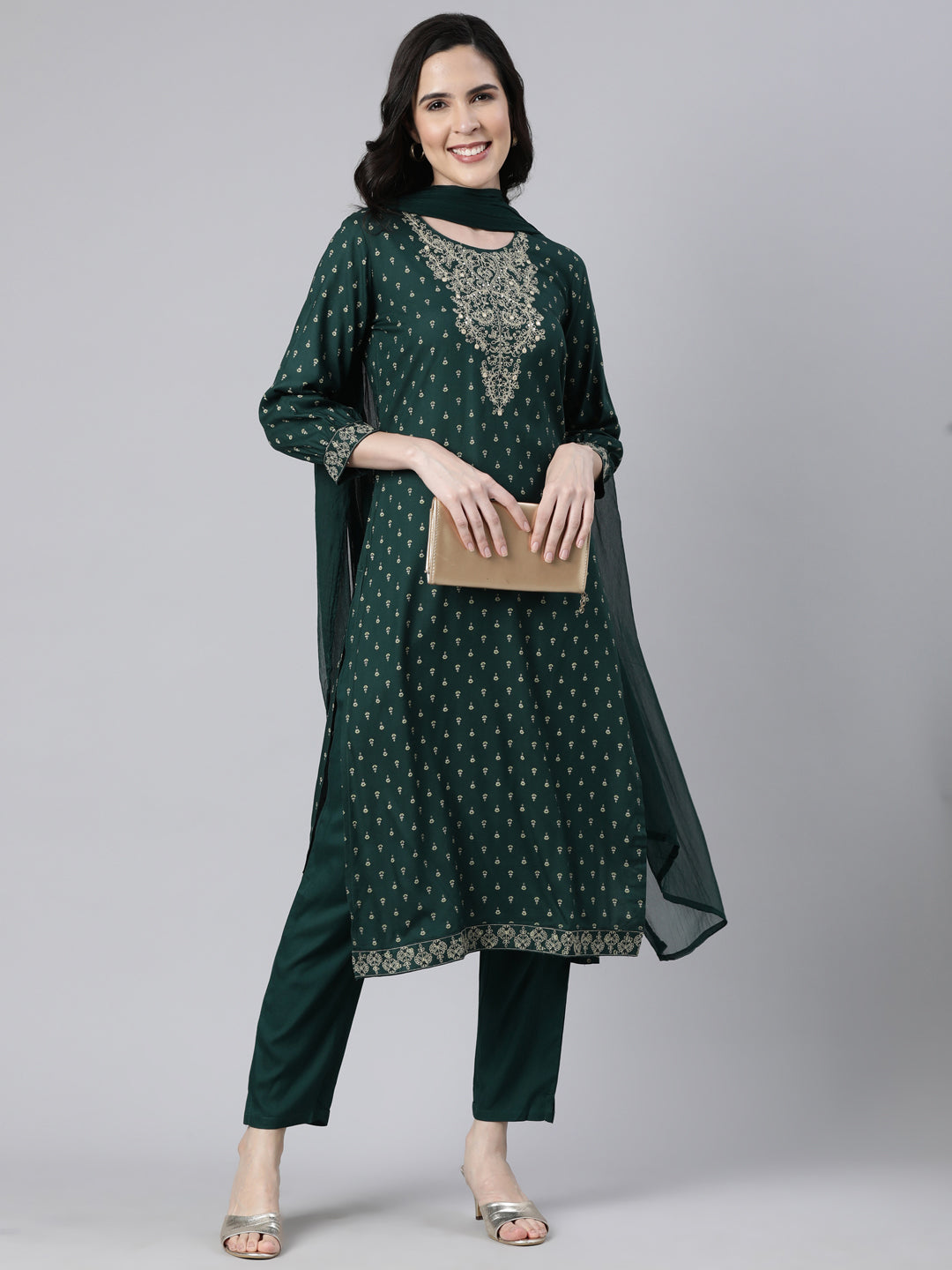 Neerus Green printed floral suit set - detail view 2